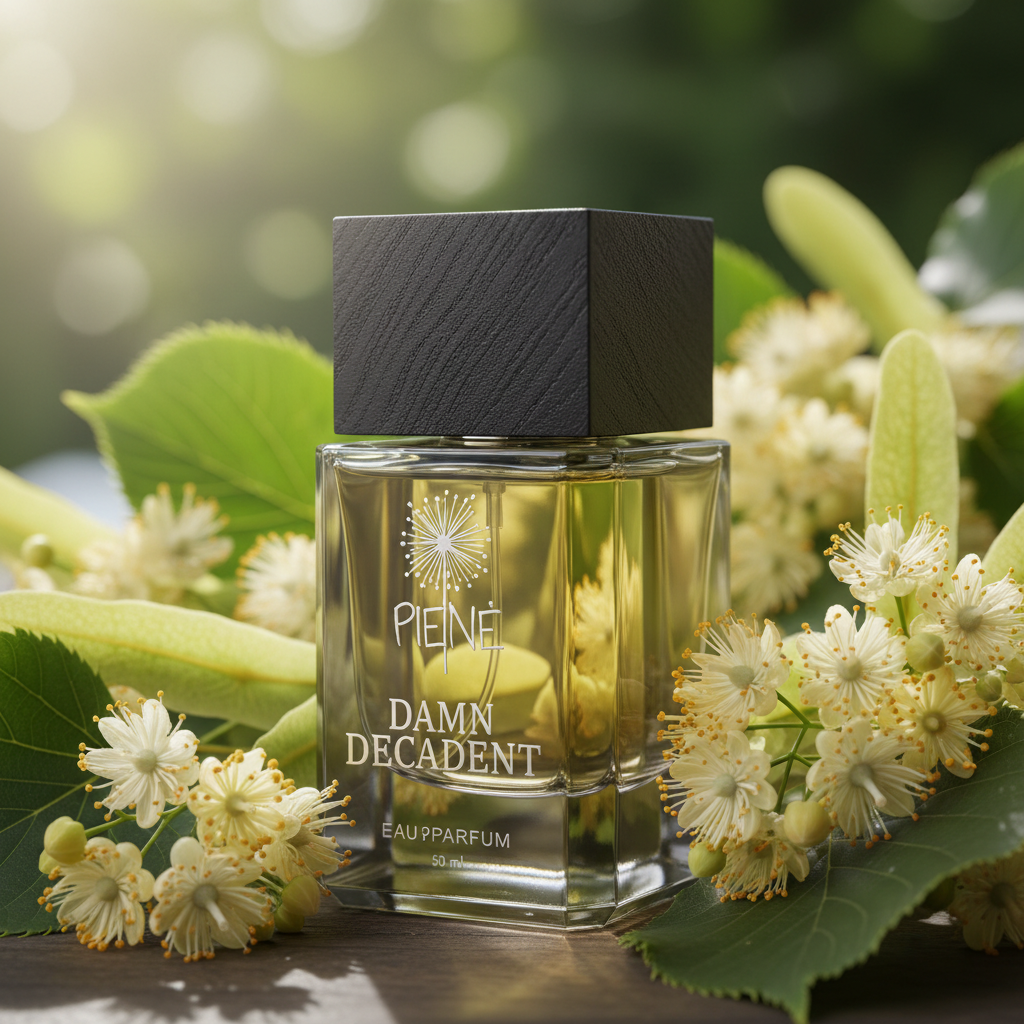 Linden blossom and leaves flat lay with Damn Decadent perfume – fresh green unisex fragrance